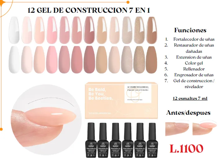 Beetles - Gel builder con color- 12 tonos - Disponible en Honduras